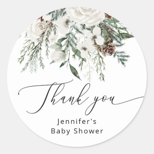 Winter evergreen pine tree baby shower  classic round sticker