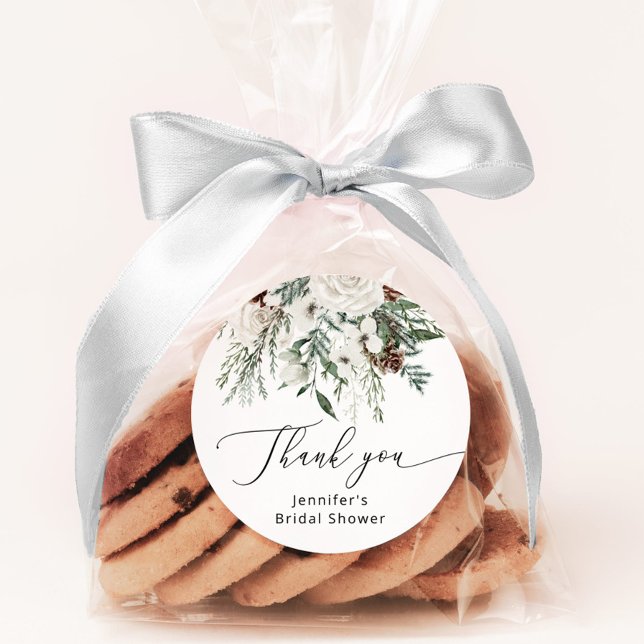 Winter evergreen pine tree bridal shower classic round sticker (Creator Uploaded)