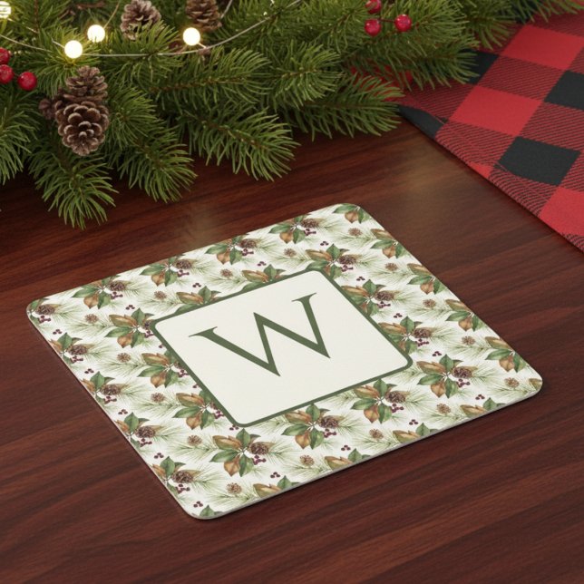 Winter Evergreen Pinecone Botanical Monogram Square Paper Coaster (Holiday monogram drink coaster)