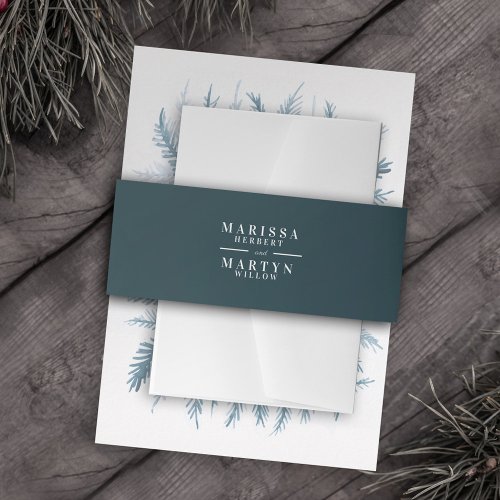 Winter evergreen teal blue white couples names invitation belly band