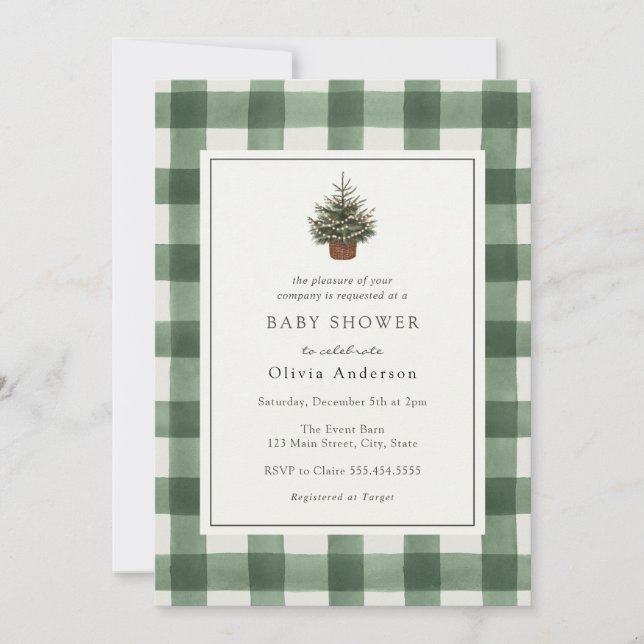 Winter Evergreen Tree Green Plaid Baby Shower Invitation (Front)