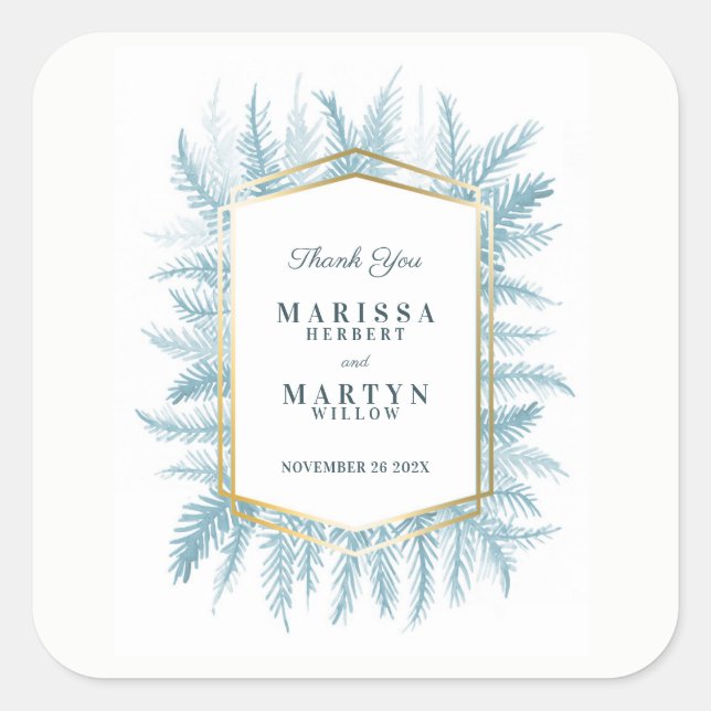 Winter evergreen watercolor blue wedding favor square sticker (Front)