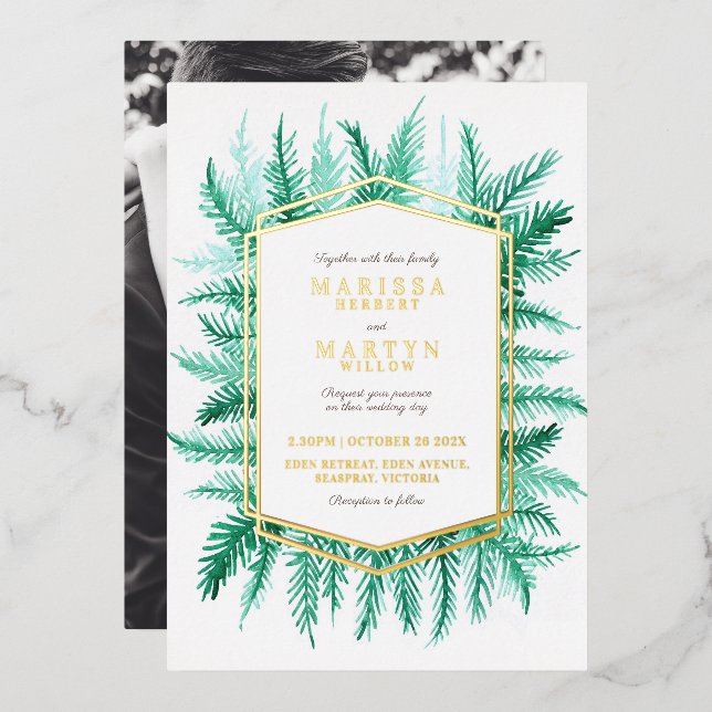 Winter evergreen watercolor wedding green gold foil invitation (Front/Back)