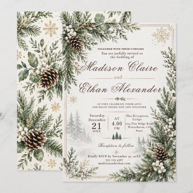 Winter Evergreen Wedding Invitation (Front/Back)