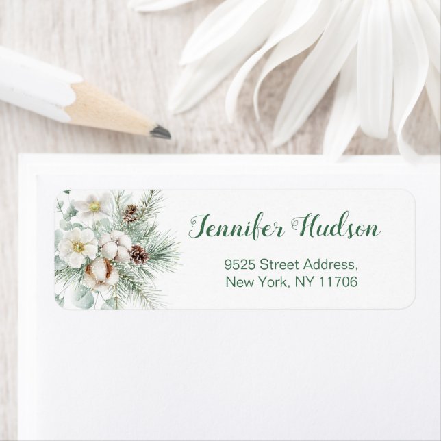 Winter evergreen wedding return Address Label (Insitu)
