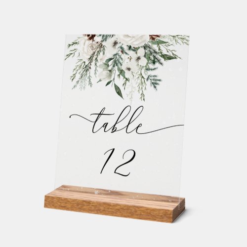 Winter evergreen wedding table number acrylic sign