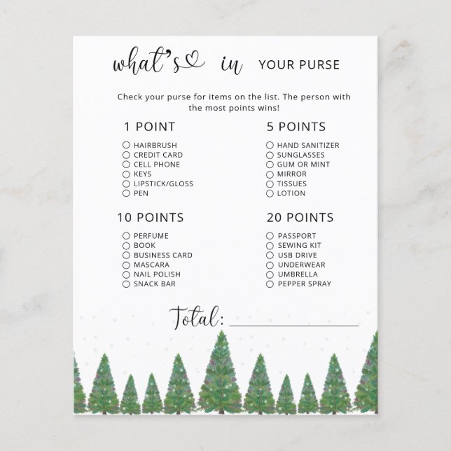 Winter evergreen whats in your purse baby shower (Front)