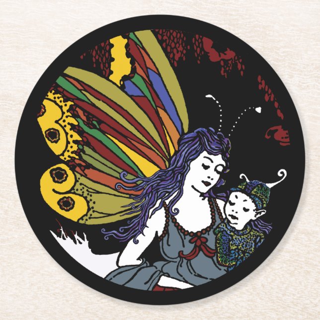 Winter fairies round paper coaster (Front)