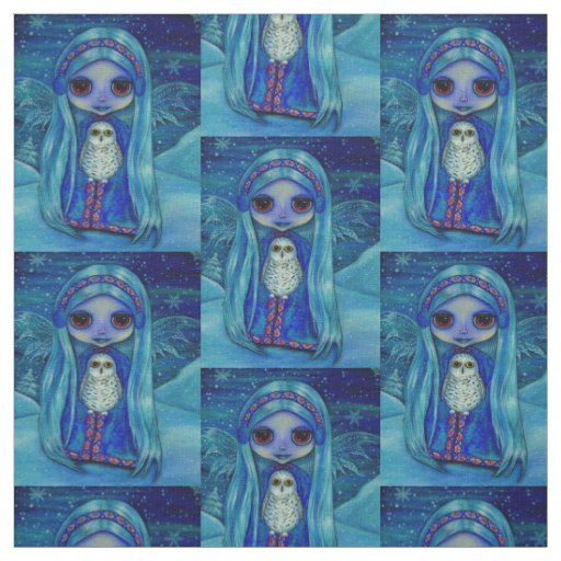 Winter Fairy Doll & Snowy Owl Friend Big Eyes Fabric