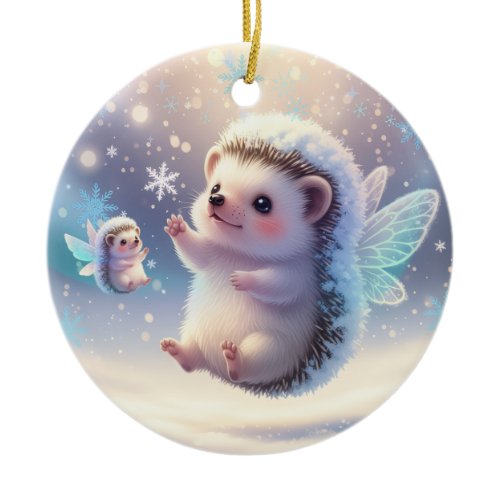 Winter Fairy Hedgehogs  – Cute Snowflake  Ceramic Ornament