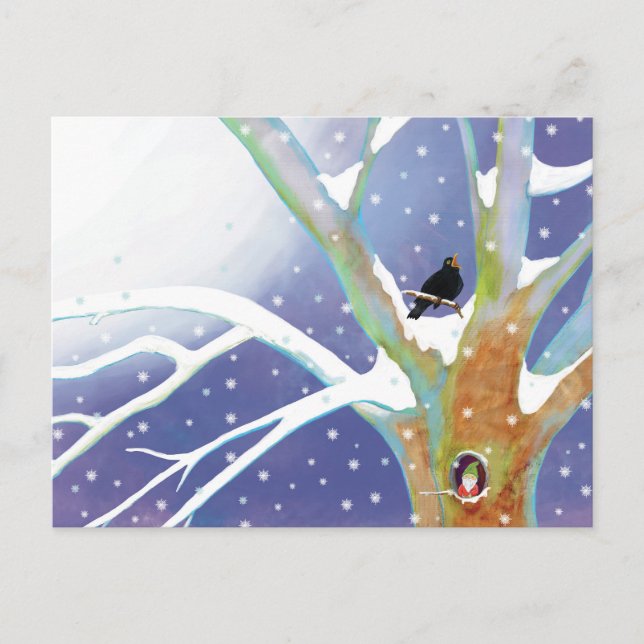 Winter Fairy Tale - Singing Blackbird and a gnome  Postcard (Front)