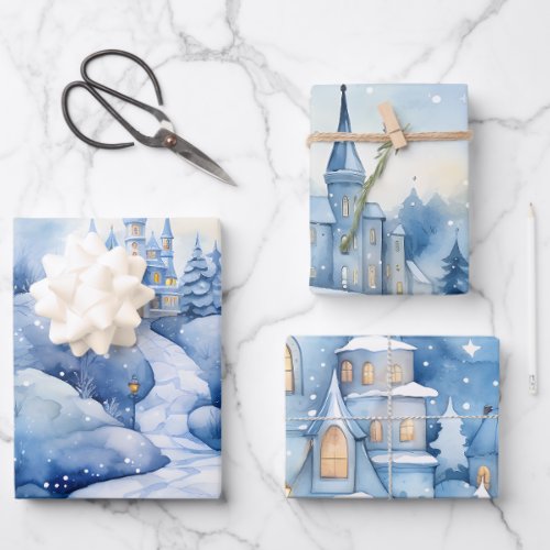 Winter Fairytale Snowy Castle Scene Blue and White Wrapping Paper Sheets