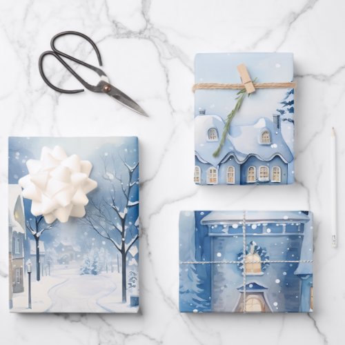 Winter Fairytale Snowy Houses Scene Blue and White Wrapping Paper Sheets