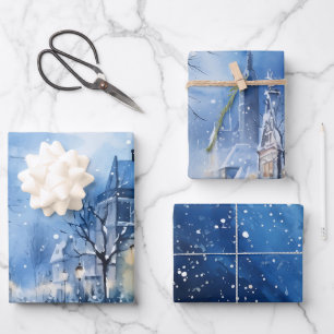 Winter Fairytale Snowy Houses Scene Blue and White Wrapping Paper Sheets