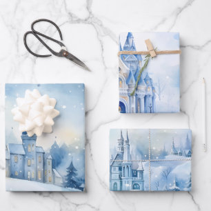 Winter Fairytale Snowy Houses Scene Blue and White Wrapping Paper Sheets
