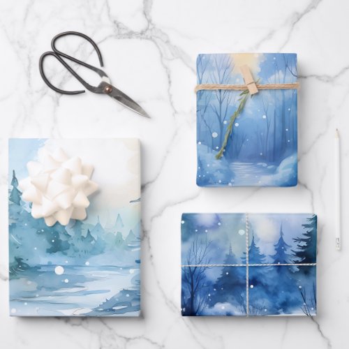 Winter Fairytale Snowy Winter Scene Blue and White Wrapping Paper Sheets