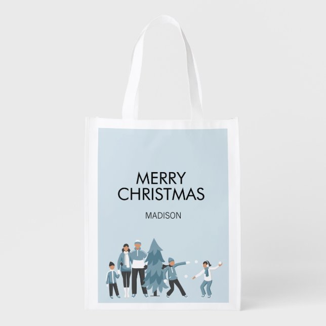 Winter Family Fun Christmas Holiday Grocery Bag (Front)