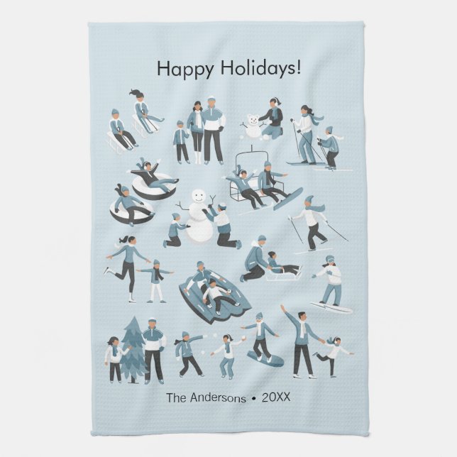 Winter Family Fun Christmas Holiday Kitchen Towel (Vertical)