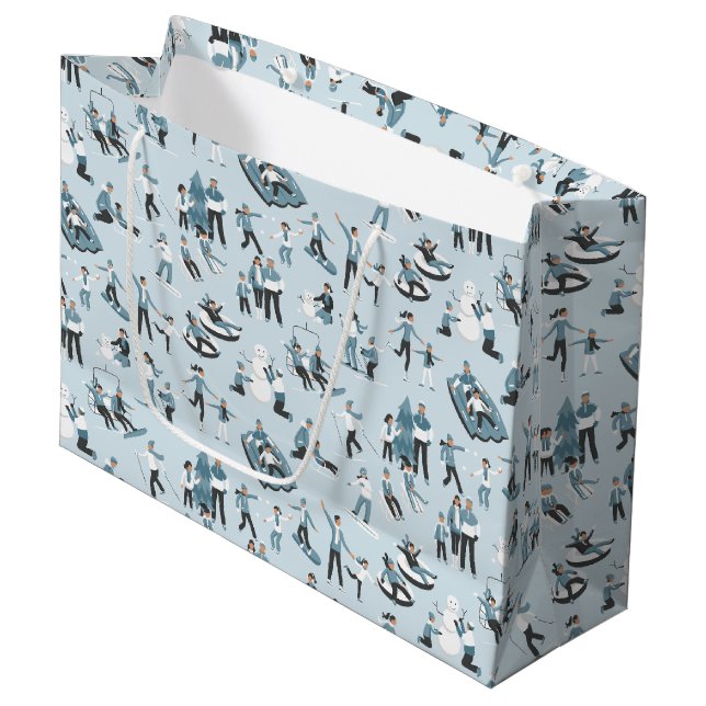 Winter Family Fun Christmas Holiday Patten Large Gift Bag (Front Angled)