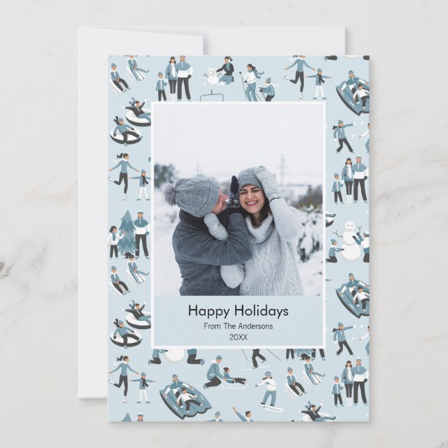 Winter Family Fun Christmas Pattern Photo Holiday Card (Front)