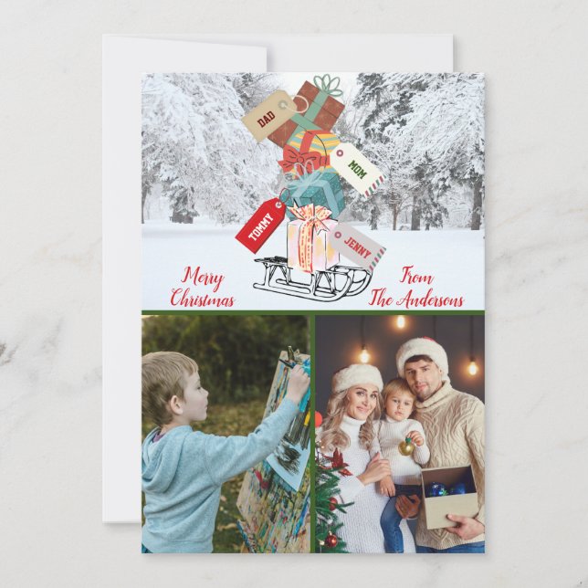 Winter Family Photo Gift Sled Merry Christmas Holiday Card (Front)