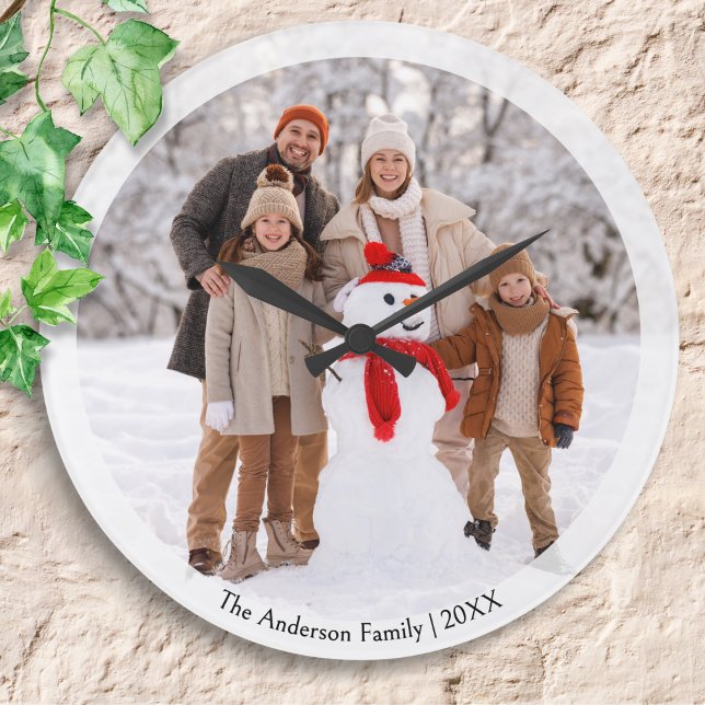 Winter Family Photo Personalized Christmas Large Clock (A Christmas clock to personalize with a favorite photo, along with your name(s) and the year)