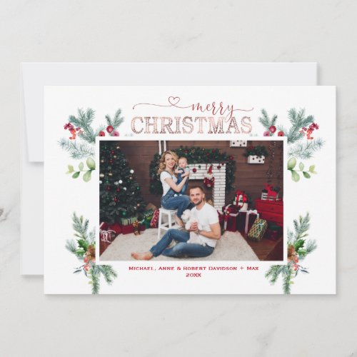 Winter Family Photos Gold Merry Christmas Script Holiday Card
