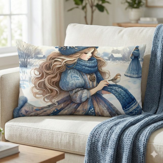 Winter Fantasy Princess in a Snowy Fairytale Lands Lumbar Pillow (Winter Fantasy Princess in a Snowy Fairytale Lands Lumbar Pillow Mockup A)