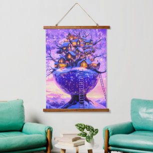 Winter Fantasy Snowy Tree Village Landscape Hanging Tapestry