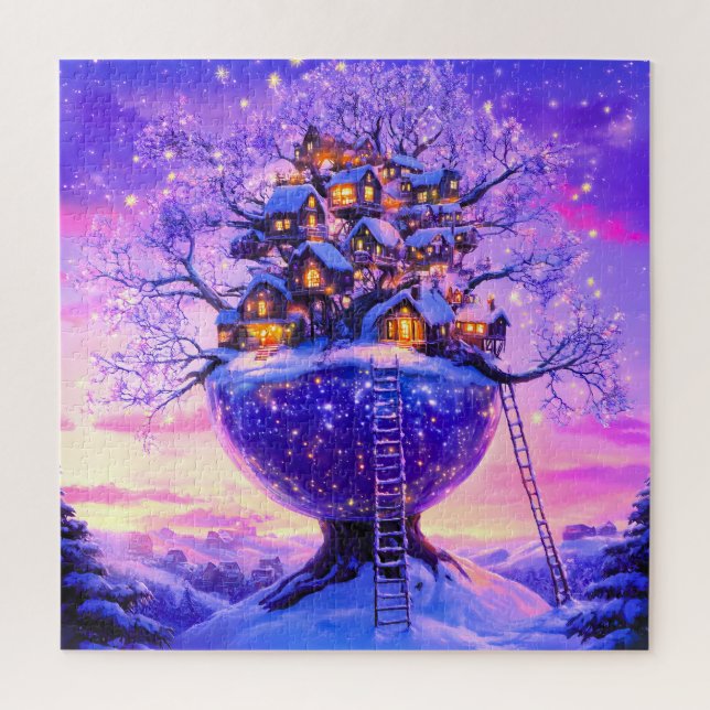 Winter Fantasy Snowy Tree Village Landscape Jigsaw Puzzle (Vertical)