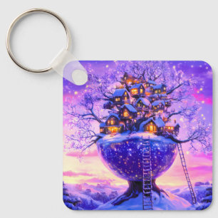 Winter Fantasy Snowy Tree Village Landscape Keychain
