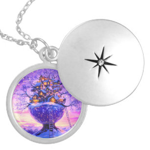 Winter Fantasy Snowy Tree Village Landscape Locket Necklace