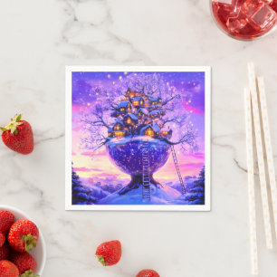 Winter Fantasy Snowy Tree Village Landscape Napkins