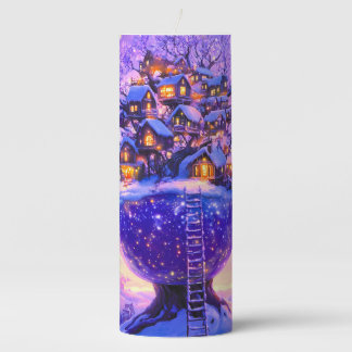 Winter Fantasy Snowy Tree Village Landscape Pillar Candle