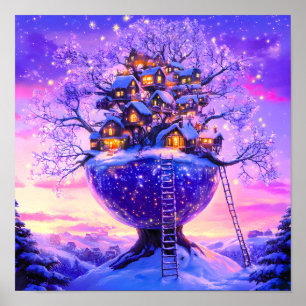Winter Fantasy Snowy Tree Village Landscape Poster