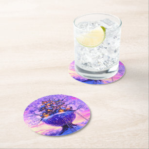 Winter Fantasy Snowy Tree Village Landscape Round Paper Coaster