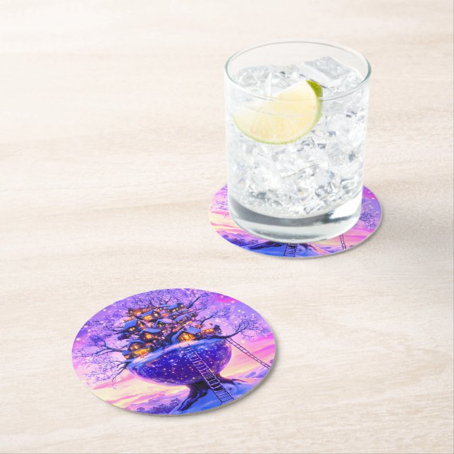 Winter Fantasy Snowy Tree Village Landscape Round Paper Coaster (Insitu)