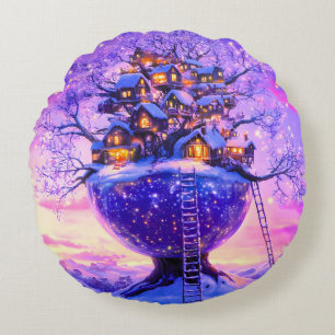 Winter Fantasy Snowy Tree Village Landscape Round Pillow