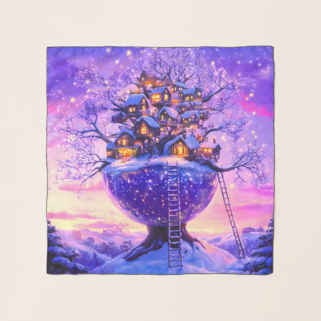 Winter Fantasy Snowy Tree Village Landscape Scarf (Front)