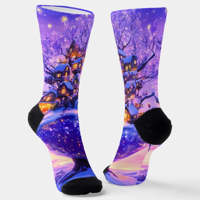 Winter Fantasy Snowy Tree Village Landscape Socks (Angled)