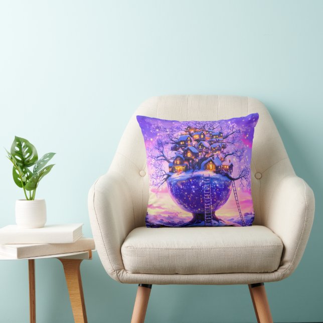 Winter Fantasy Snowy Tree Village Landscape Throw Pillow (Chair)