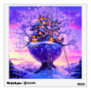 Winter Fantasy Snowy Tree Village Landscape Wall Decal