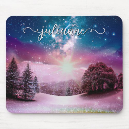 Winter Fantasy Starry Landscape with Name Mouse Pad