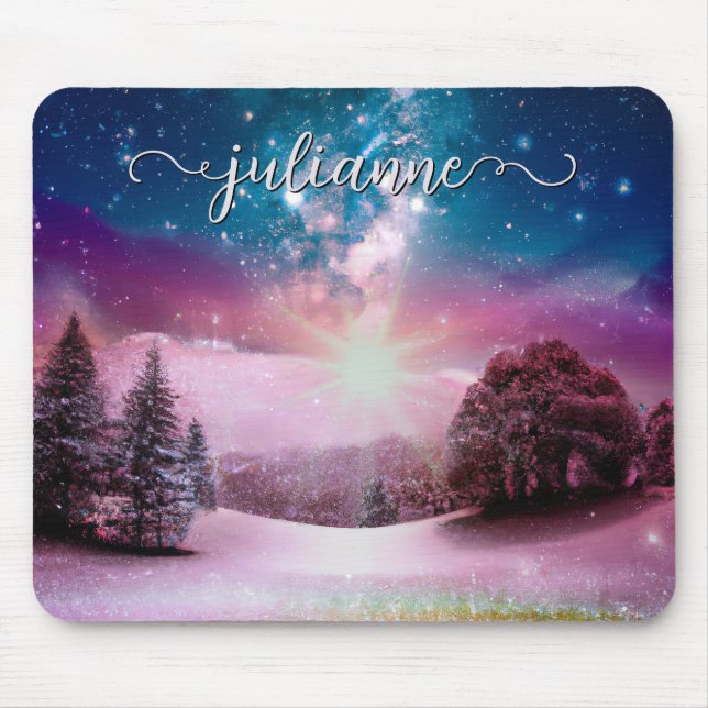 Winter Fantasy Starry Landscape with Name Mouse Pad (Front)