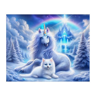 Winter Fantasy with Beautiful Unicorn and Kitten Acrylic Print