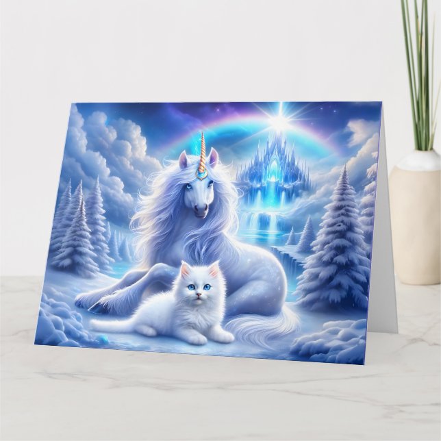 Winter Fantasy with Beautiful Unicorn and Kitten Card (Front)