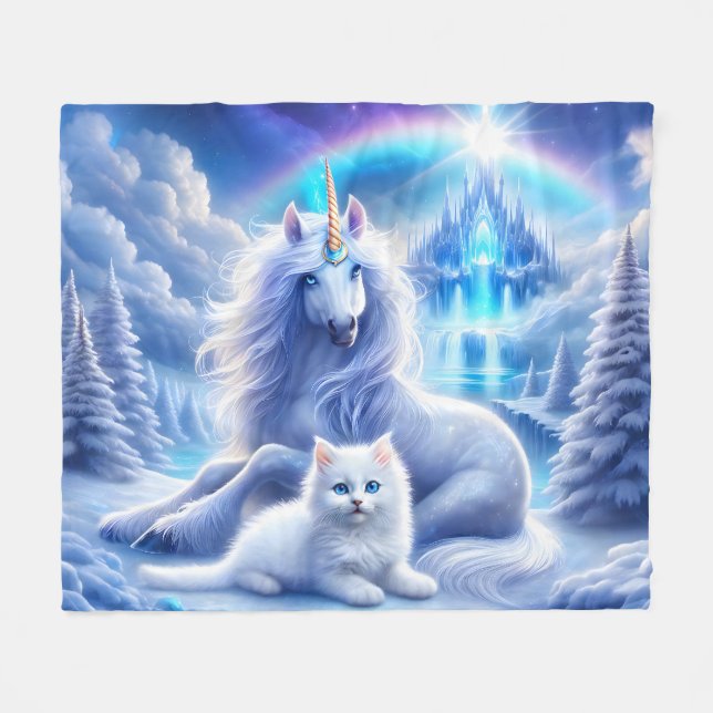 Winter Fantasy with Beautiful Unicorn and Kitten Fleece Blanket (Front (Horizontal))