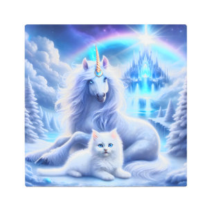 Winter Fantasy with Beautiful Unicorn and Kitten Metal Print