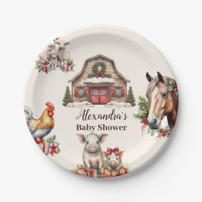 Winter Farm Animals Christmas Paper Plates (Front)