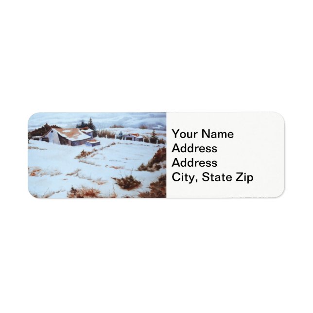 Winter farm, barn, garden snow covered landscape. label (Front)